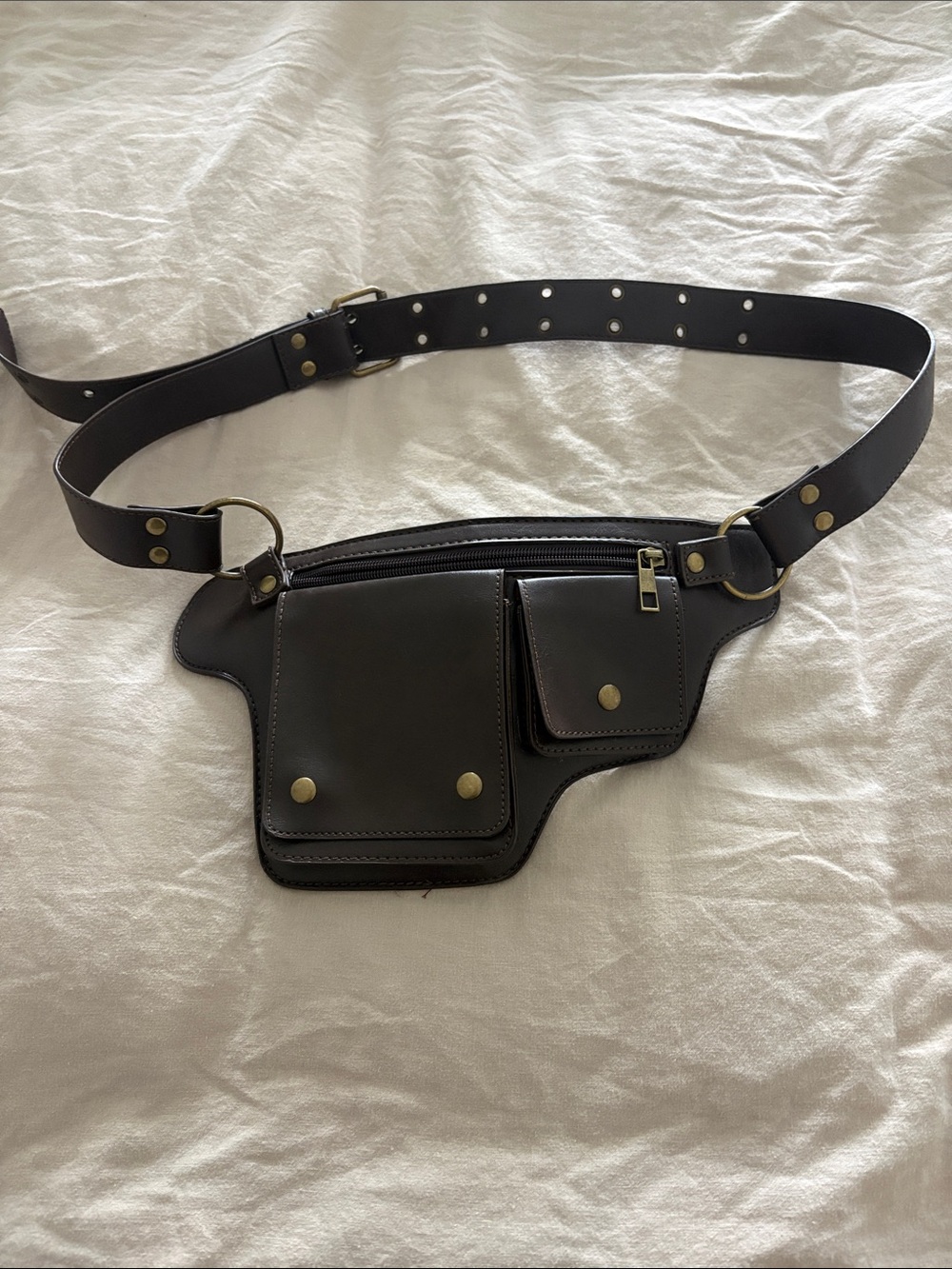 Women’s Brown Leather Waist Bag Belt Pouch with Brass Hardware